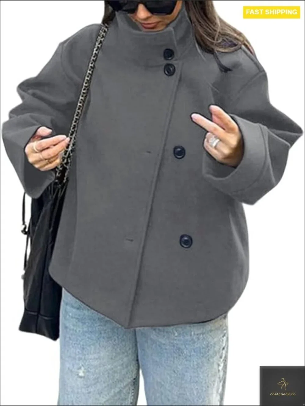 Wool Blend Pea Coat Cropped Loose Fit Casual Winter Jacket Outwear